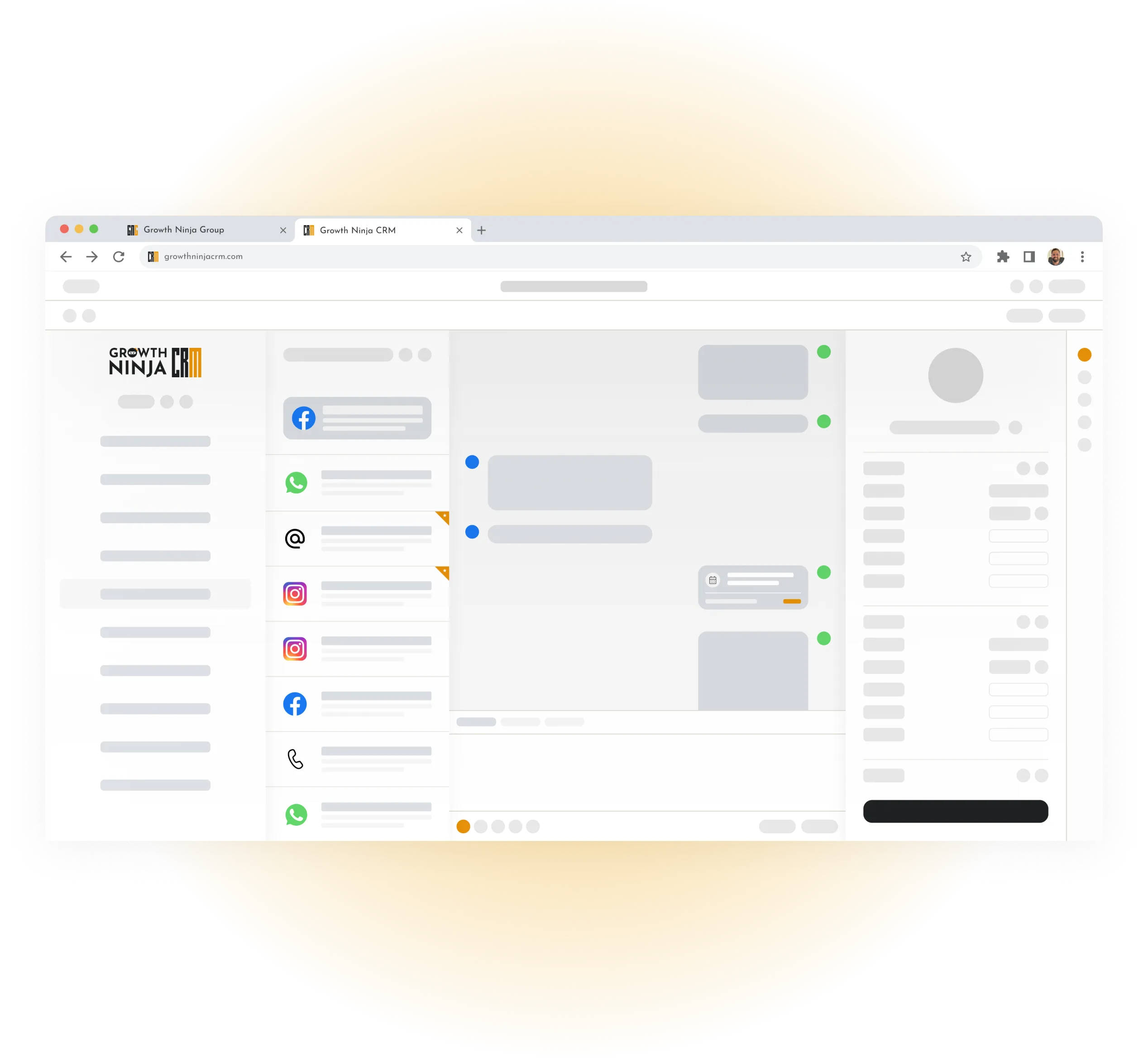 Growth Ninja CRM unified conversations inbox showing WhatsApp, SMS, email, Facebook and Instagram messages in one view