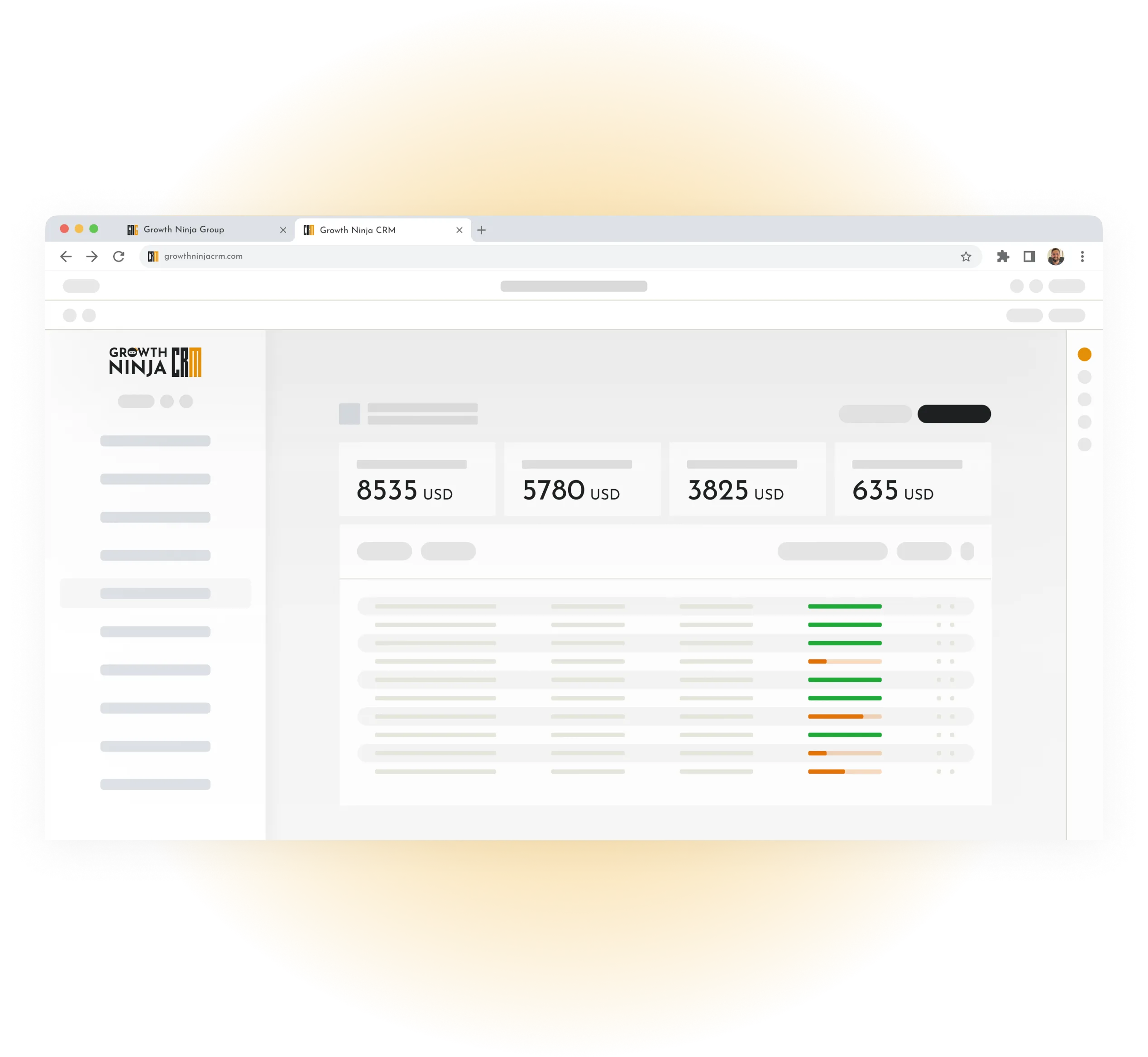 Growth Ninja CRM invoicing dashboard with Stripe payment links and transaction tracking