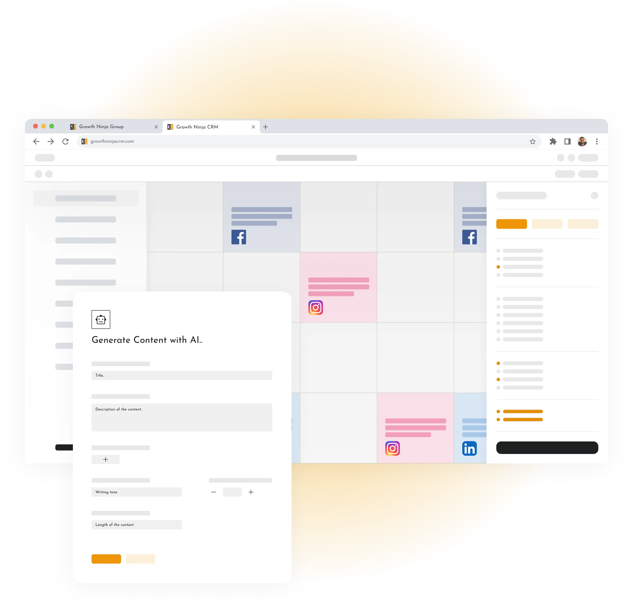 Growth Ninja CRM social planner with a content calendar and AI caption generator for Facebook, Instagram, LinkedIn and TikTok